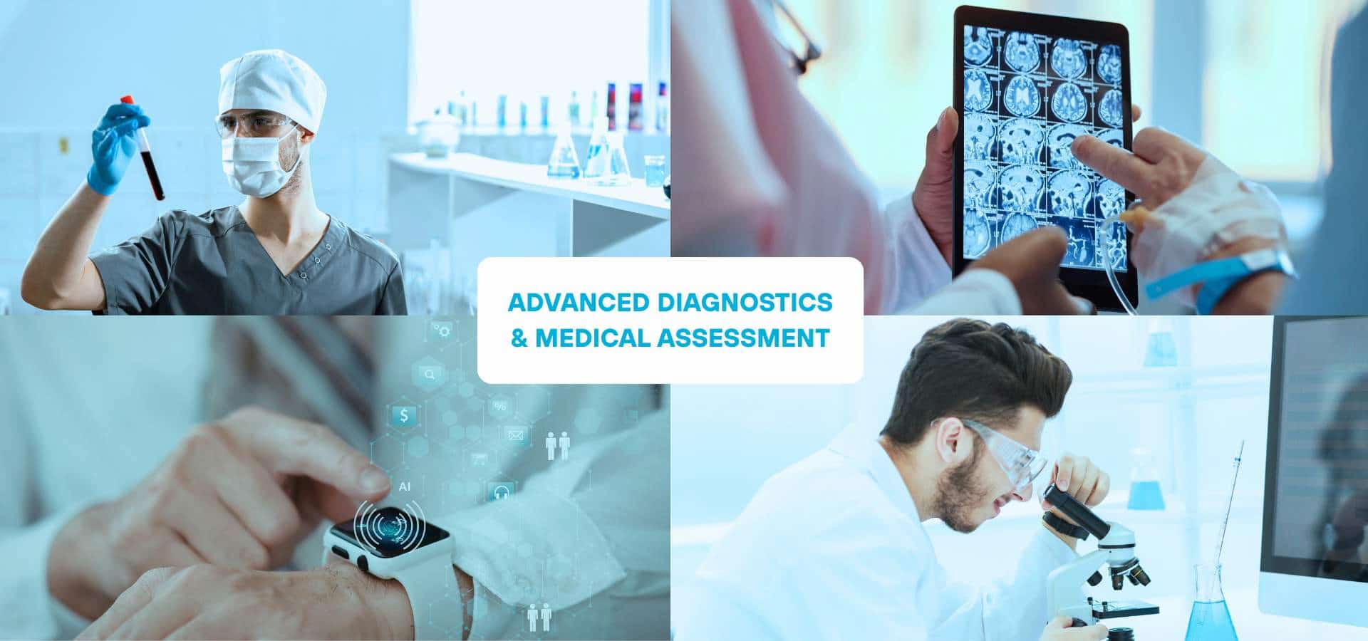 Collage of advanced diagnostics and medical assessment showing lab testing, brain scan analysis, wearable health tracking, and microscope research.