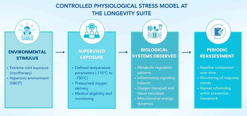 Diagram illustrating The Longevity Suite’s controlled physiological stress model in Ibiza, Spain, showing supervised cryotherapy and hyperbaric oxygen therapy influencing metabolic and inflammatory pathways with periodic reassessment.