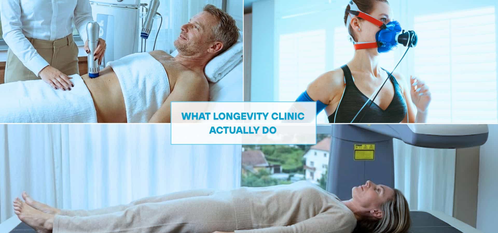 Collage showing longevity clinic services including shockwave therapy, VO2 max fitness testing, and DEXA scan body analysis