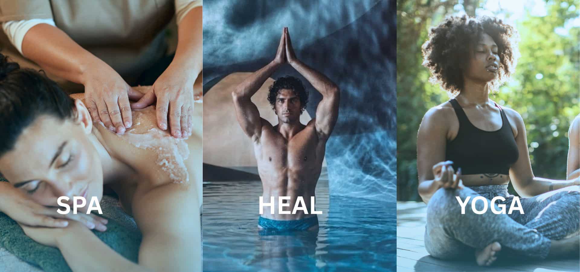 Spa massage treatment, man practicing healing meditation in water, and woman doing yoga outdoors for wellness and relaxation