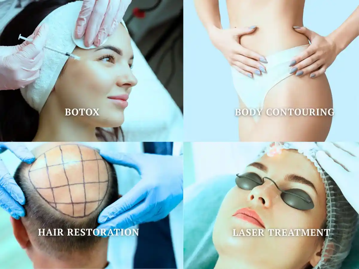 Collage showing Botox, body contouring, hair restoration, and laser treatment procedures