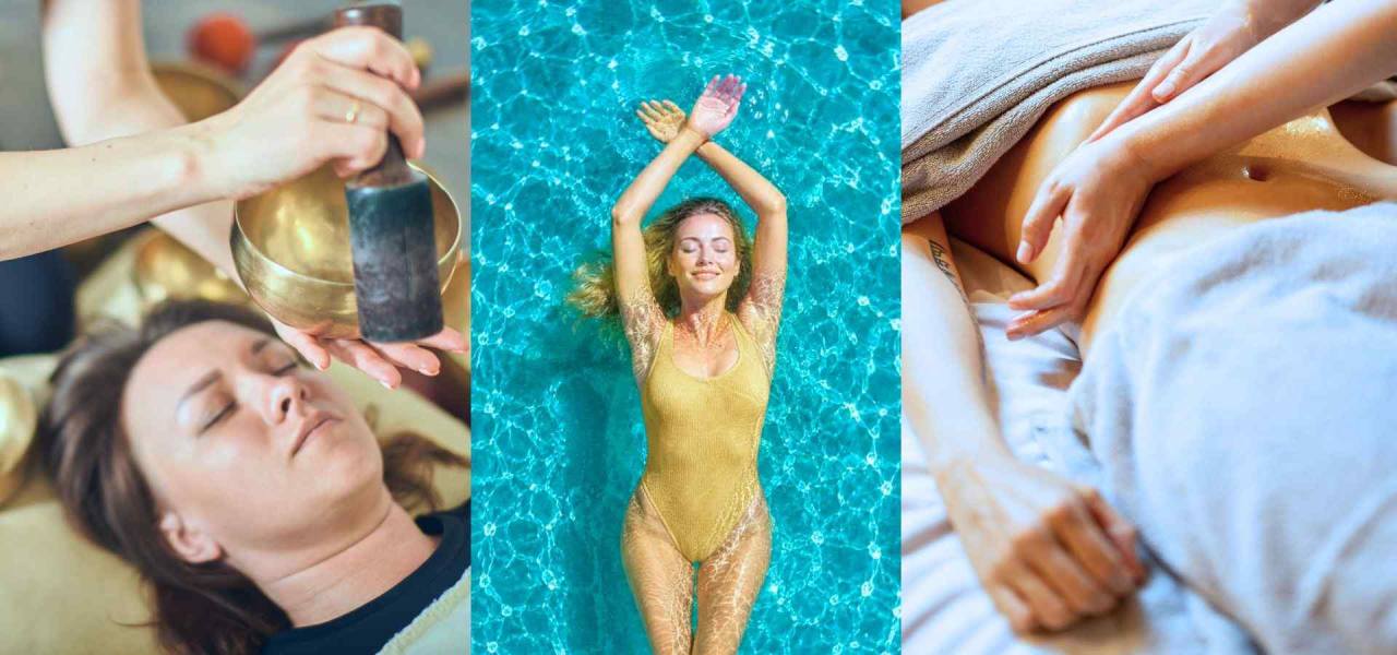 Three-panel wellness collage featuring a sound healing session with a singing bowl, a woman floating peacefully in a swimming pool, and a relaxing therapeutic massage treatment in a spa setting.