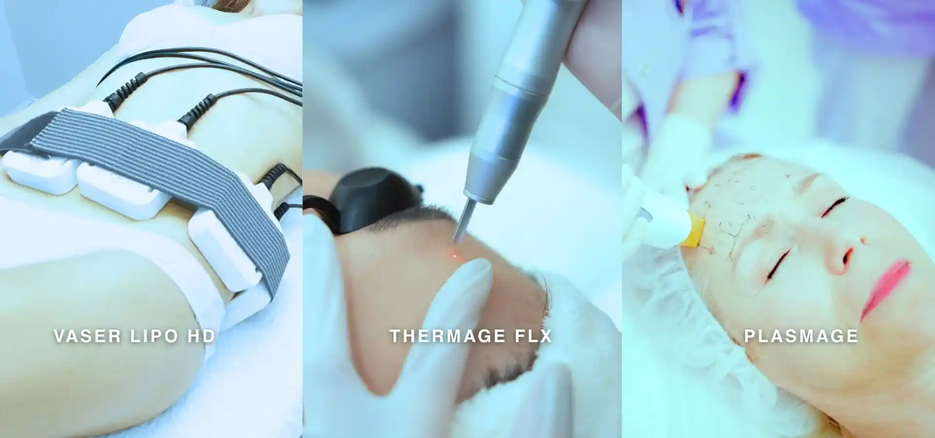 Three-panel collage showing aesthetic medical treatments: body contouring with electrode pads, a skin-tightening procedure on the forehead, and a facial treatment performed on a patient in a clinical setting.