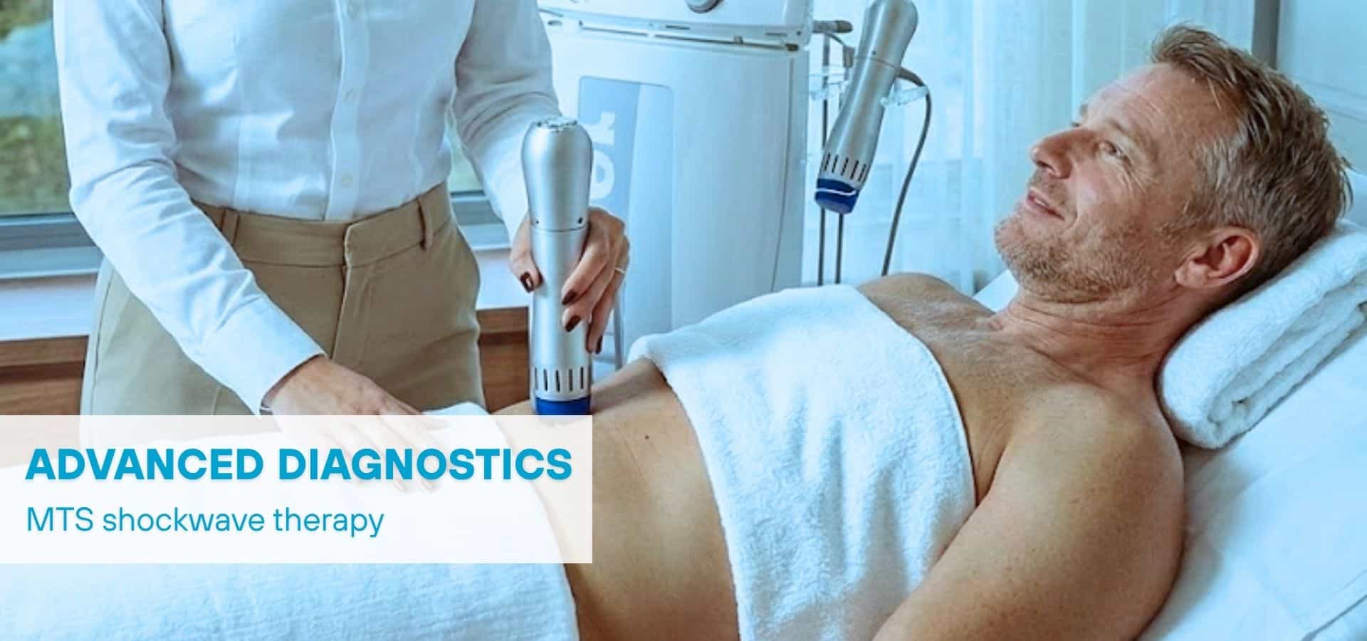 Patient receiving MTS shockwave therapy during advanced diagnostic treatment in a modern clinic setting