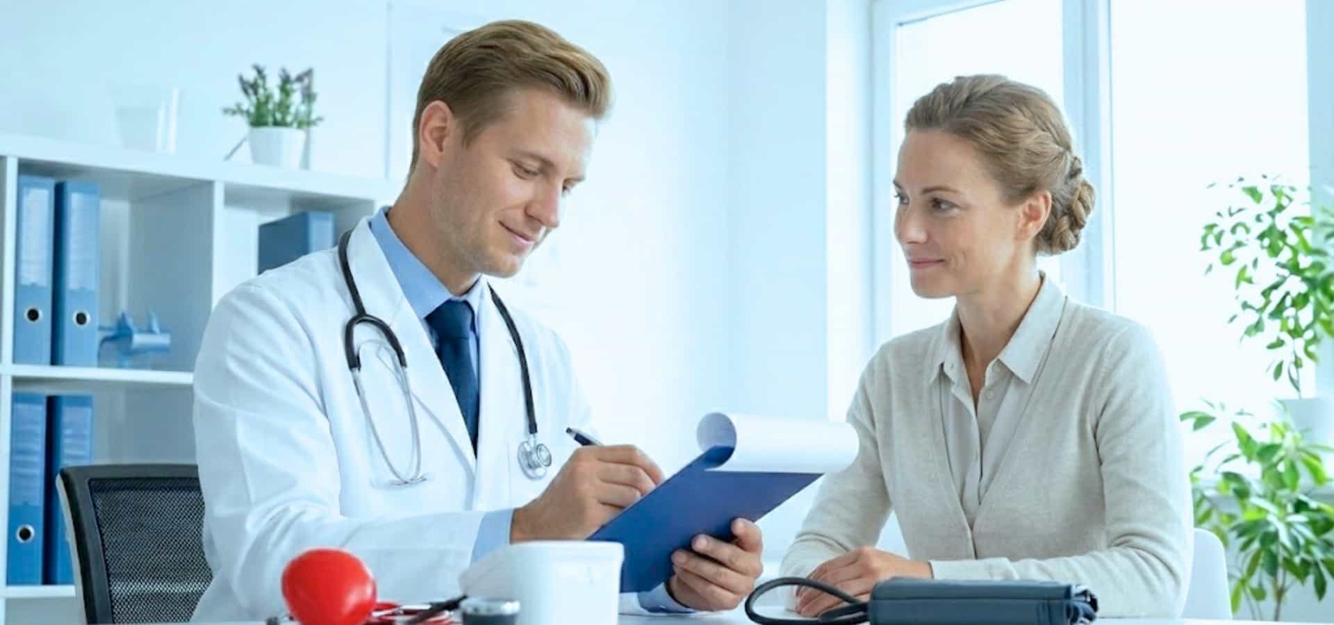 Doctor in a white coat writing notes on a clipboard while consulting with a female patient in a bright medical office, with a blood pressure monitor and red heart model on the desk.