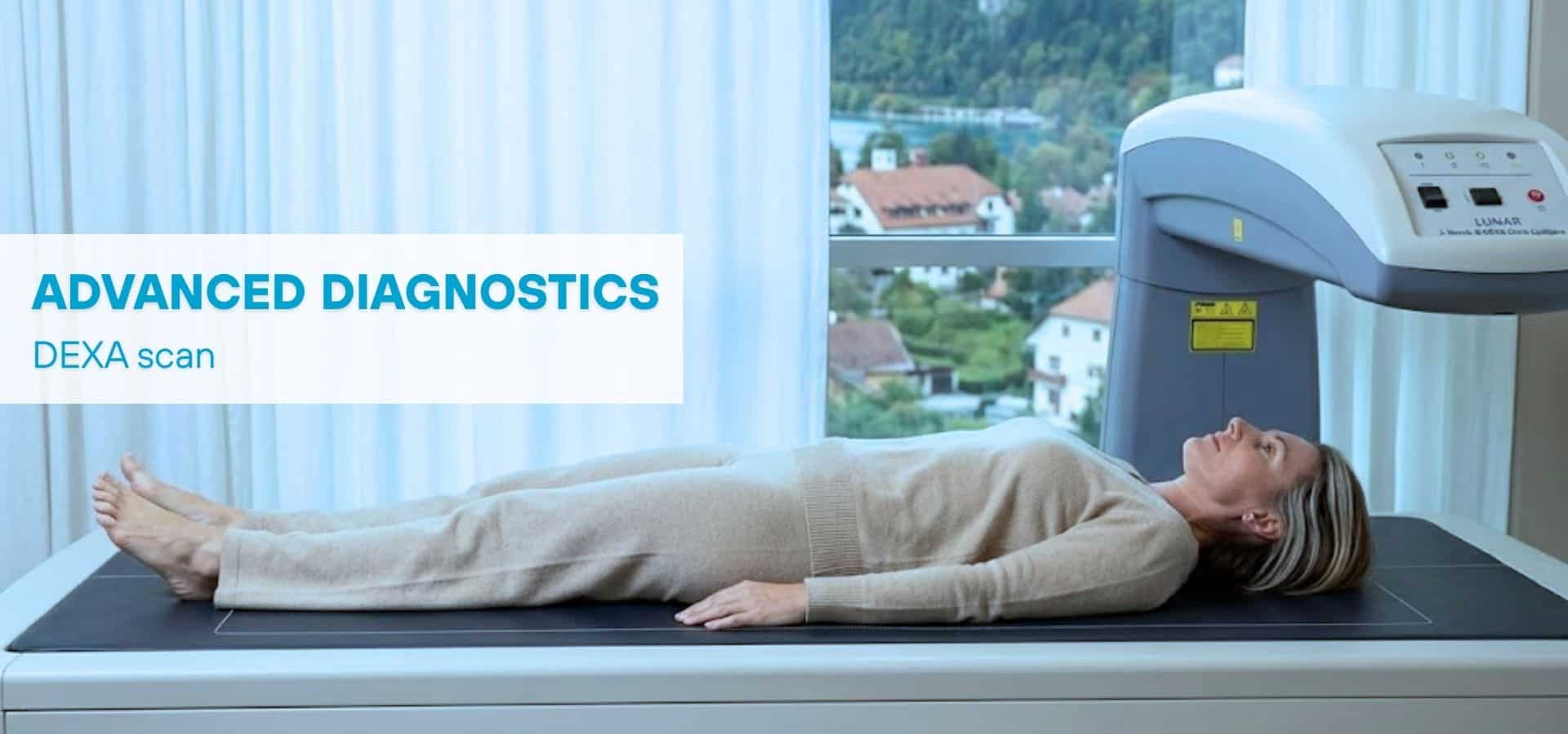 Patient undergoing a DEXA scan for advanced diagnostics to measure bone density, body fat, and muscle composition in a clinical setting