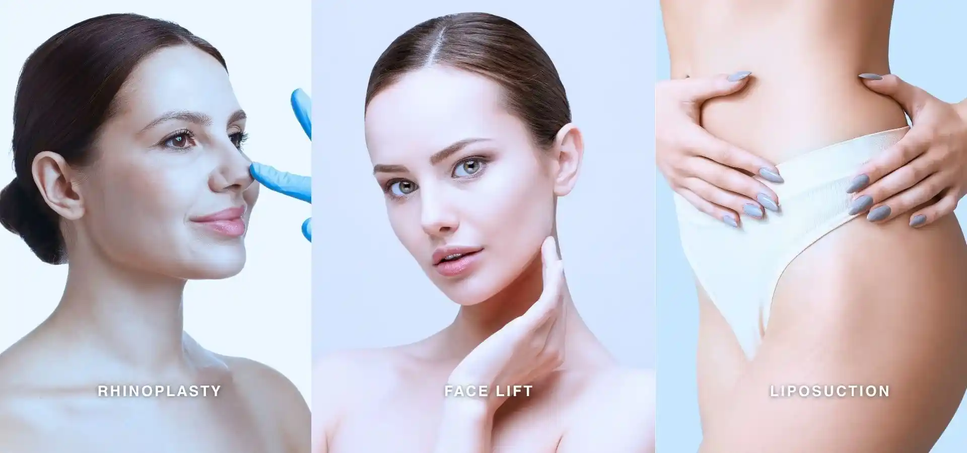 Three-panel aesthetic surgery collage featuring rhinoplasty consultation, facelift results, and liposuction body contouring treatment.