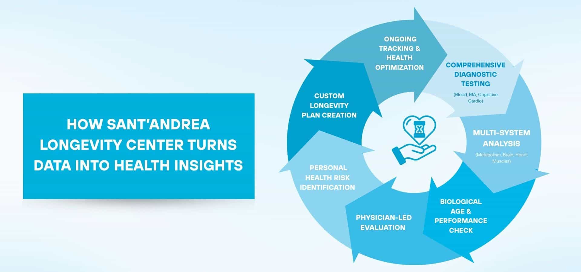 A circular infographic showing how a longevity center turns data into health insights, including diagnostic testing, system analysis, physician evaluation, risk identification, personalized planning, and ongoing health optimization.