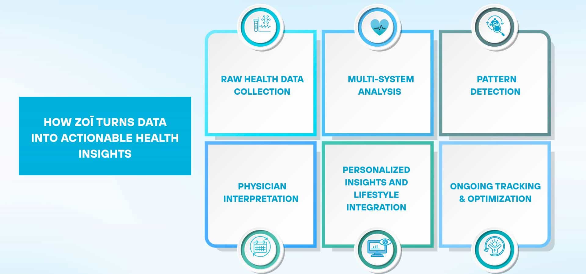 Infographic showing how health data is turned into actionable insights, including steps like data collection, system analysis, pattern detection, physician interpretation, personalized insights, and ongoing tracking.