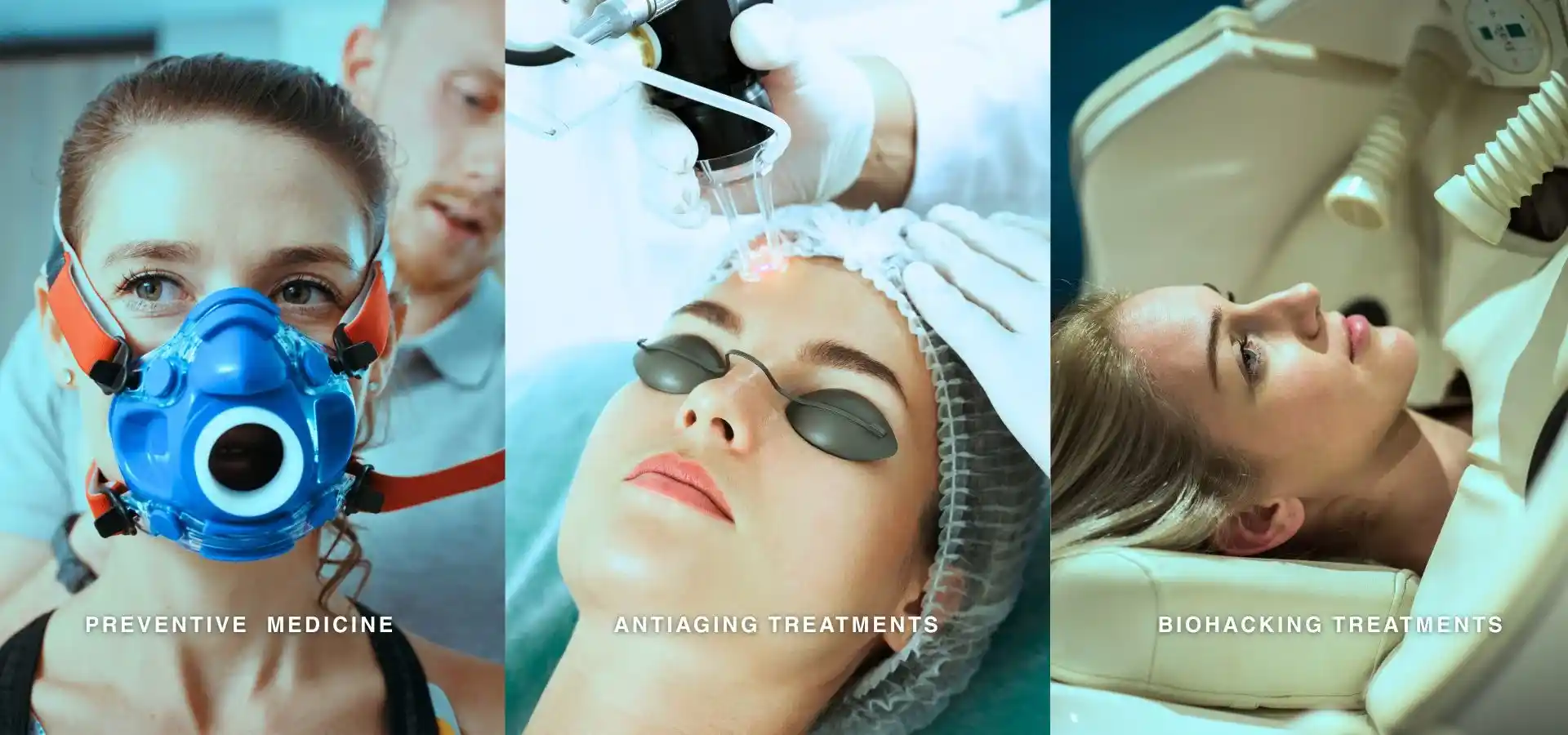 Three-panel collage showing advanced wellness and aesthetic treatments: a woman wearing a respiratory performance mask for preventive medicine, a laser facial anti-aging procedure, and a patient undergoing a biohacking therapy session in a medical clinic.