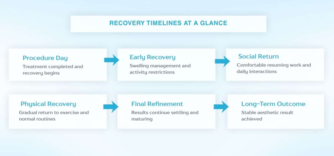 Recovery timeline infographic showing six stages: Procedure Day, Early Recovery, Social Return, Physical Recovery, Final Refinement, and Long-Term Outcome, illustrating the progression from treatment to final aesthetic results.