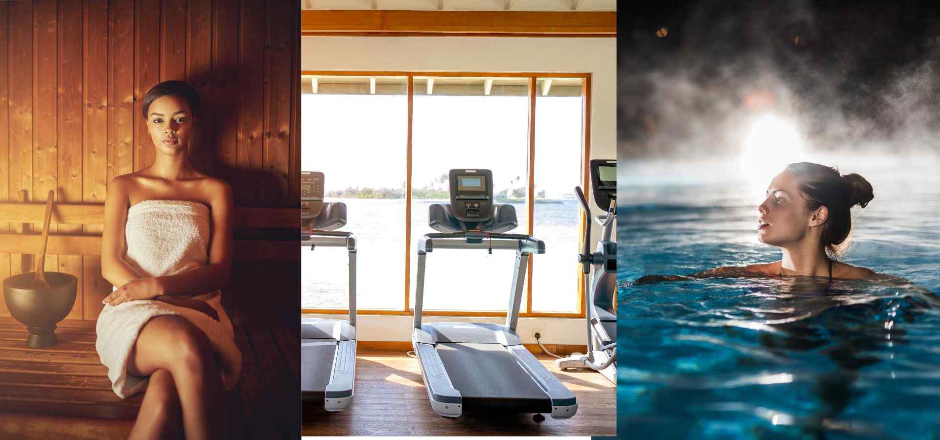 Collage of luxury wellness activities including sauna relaxation, modern fitness equipment, and a woman enjoying a heated outdoor pool at night.