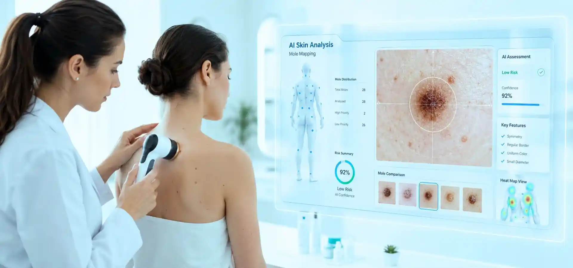 A dermatologist uses an AI-powered skin analysis system to examine a patient’s moles and assess skin health.