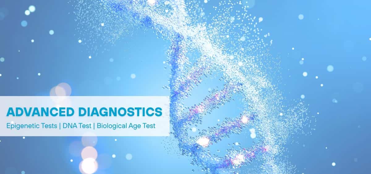 Eine digitale Darstellung einer leuchtenden DNA-Helix als Symbol für fortgeschrittene Diagnostik, einschließlich epigenetischer Tests, DNA-Analysen und biologischer Altersbestimmung in einem modernen Gesundheitskontext.