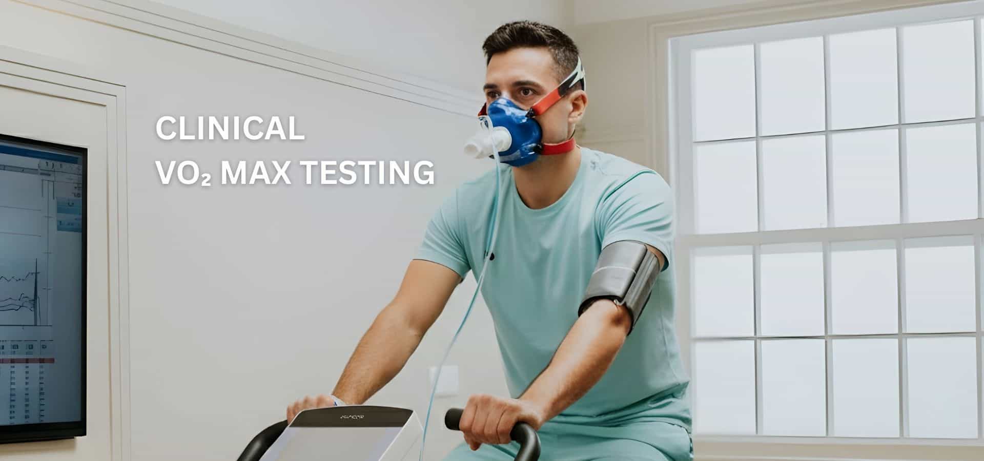 Man wearing a respiratory mask and blood pressure cuff while cycling during a clinical VO2 max test in a medical setting.
