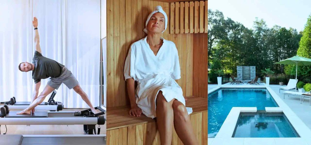 Three-panel wellness collage featuring a man practicing Pilates on a reformer machine, a woman relaxing in a wooden sauna wearing a spa robe, and a luxurious outdoor swimming pool surrounded by lounge chairs and greenery.