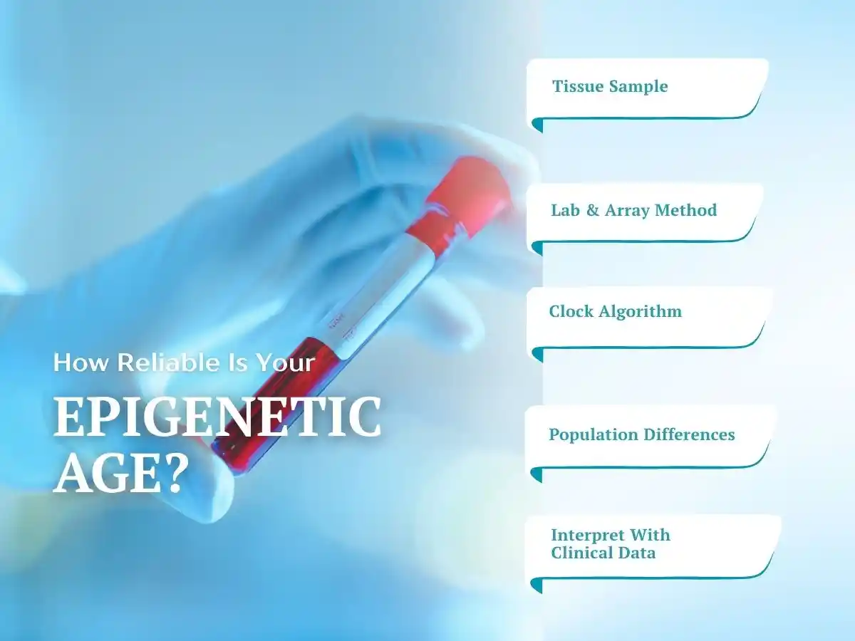 Epigenetic age test using a tissue sample, lab analysis, and biological age clock.