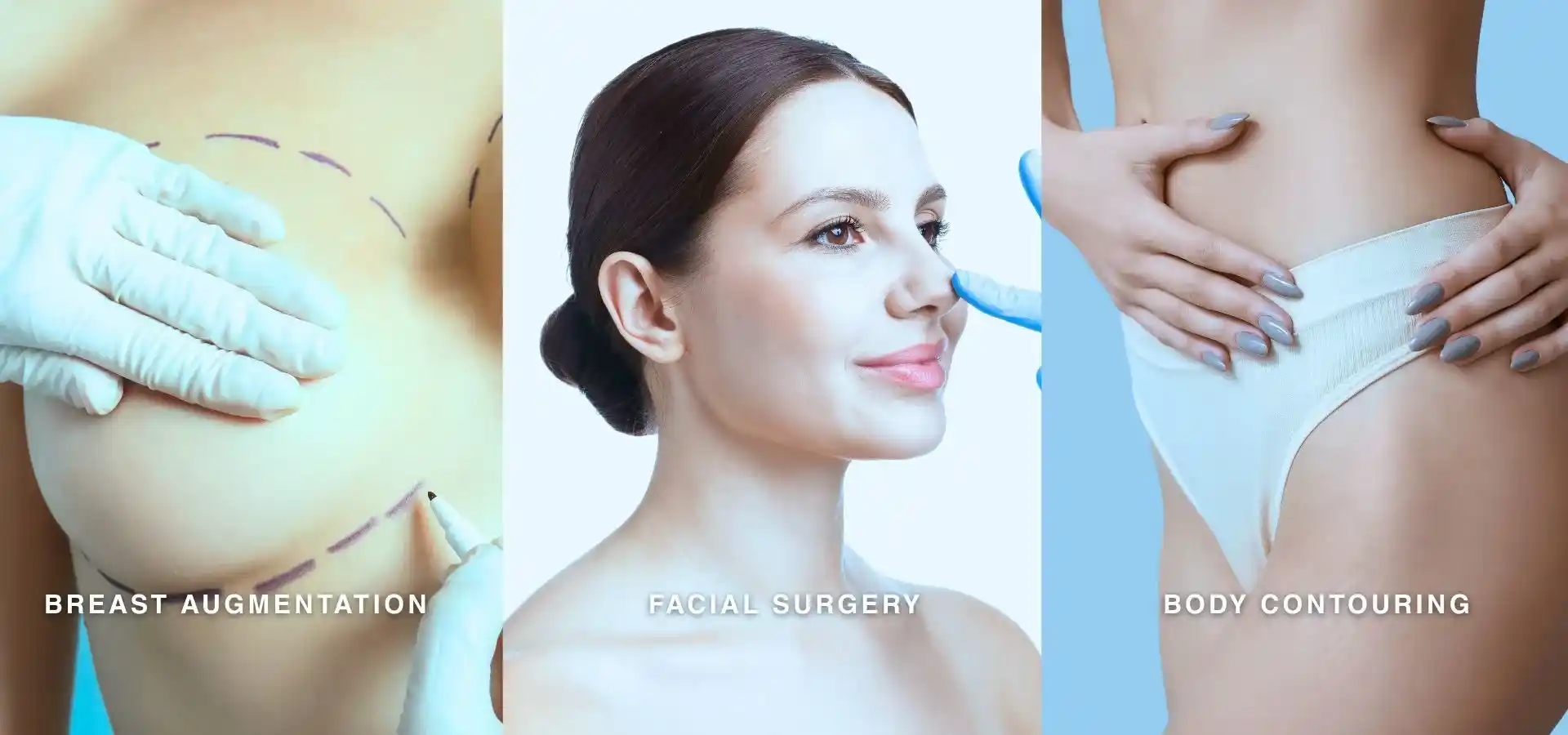 Three-panel collage showcasing cosmetic procedures: breast augmentation with surgical markings, facial surgery consultation focusing on the nose, and body contouring highlighting the waist and hips.