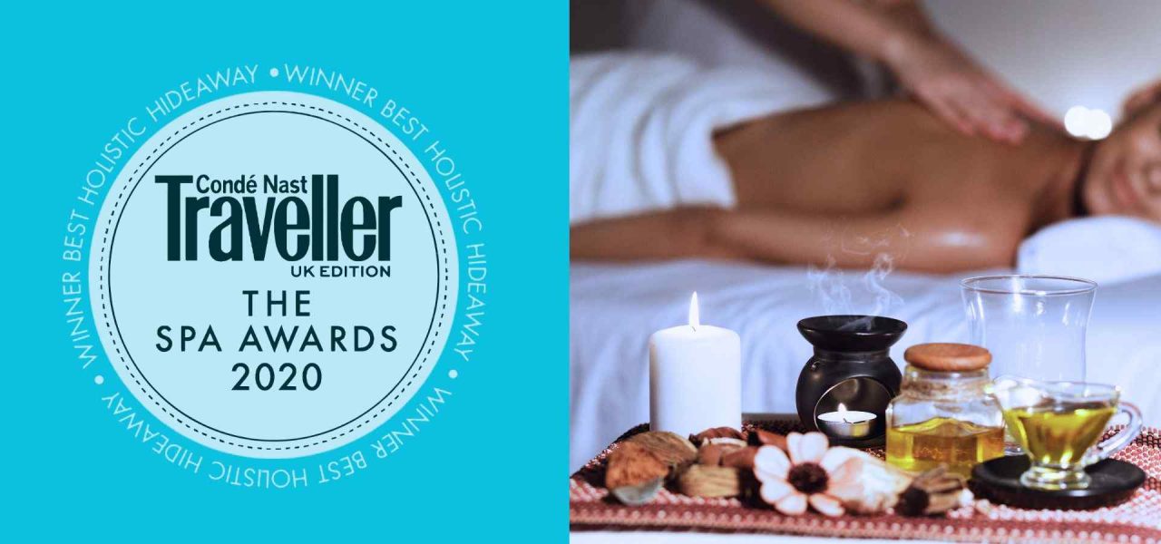 Spa wellness award graphic beside a relaxing massage therapy scene with candles, essential oils, and a woman receiving spa treatment.