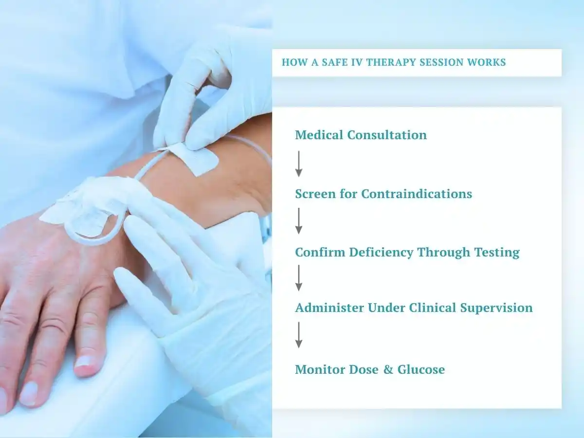 Safe IV therapy session showing medical consultation, screening, testing, supervised treatment, and monitoring.