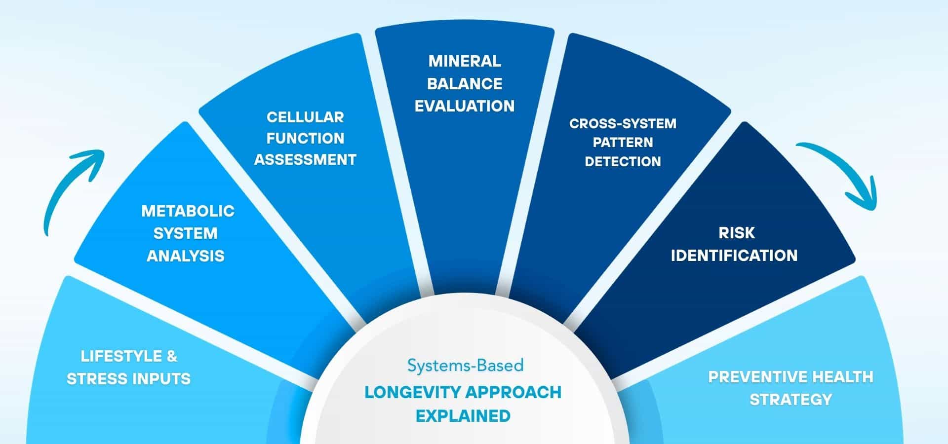 Diagram showing a systems-based longevity approach, including lifestyle inputs, metabolic analysis, cellular function, mineral balance, risk identification, and preventive health strategy
