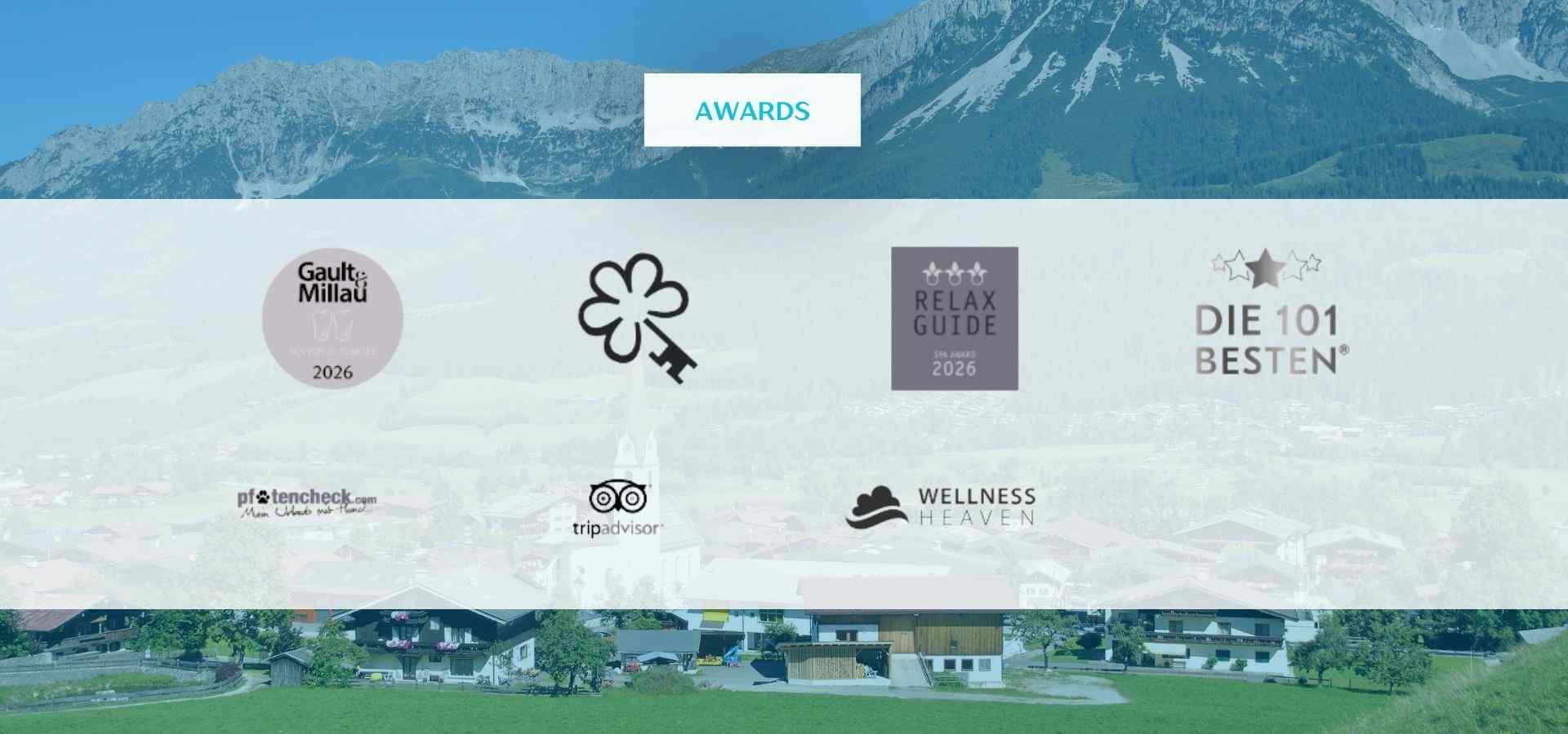 Awards and recognition infographic displayed over a scenic alpine mountain landscape, featuring hospitality, wellness, travel, and dining award logos that highlight excellence in luxury resort and wellness services.