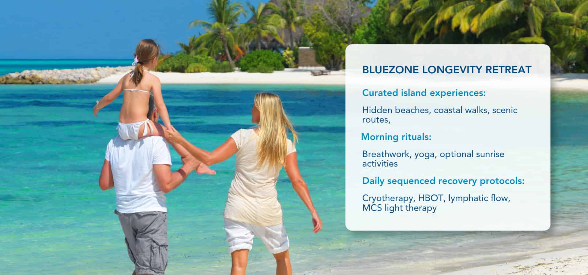Family walking along a tropical beach beside turquoise water with information about the Bluezone Longevity Retreat wellness program.