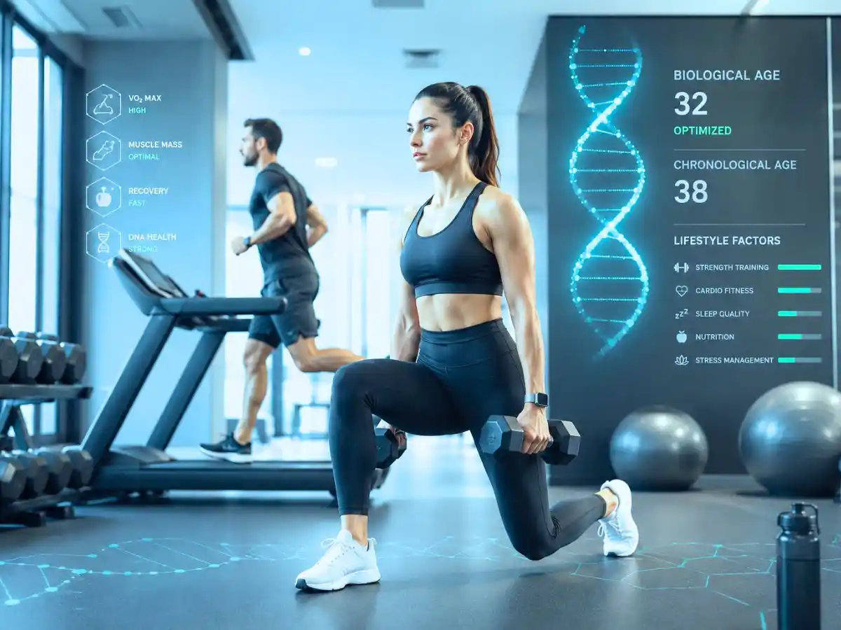 Woman doing a dumbbell lunge in a gym with biological age and fitness metrics