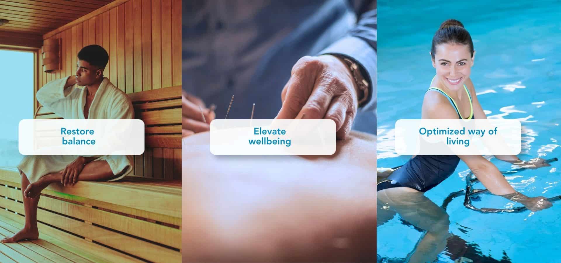Wellness collage showing a man relaxing in a sauna, an acupuncture therapy session, and a woman exercising in a swimming pool to promote balanced and healthy living.