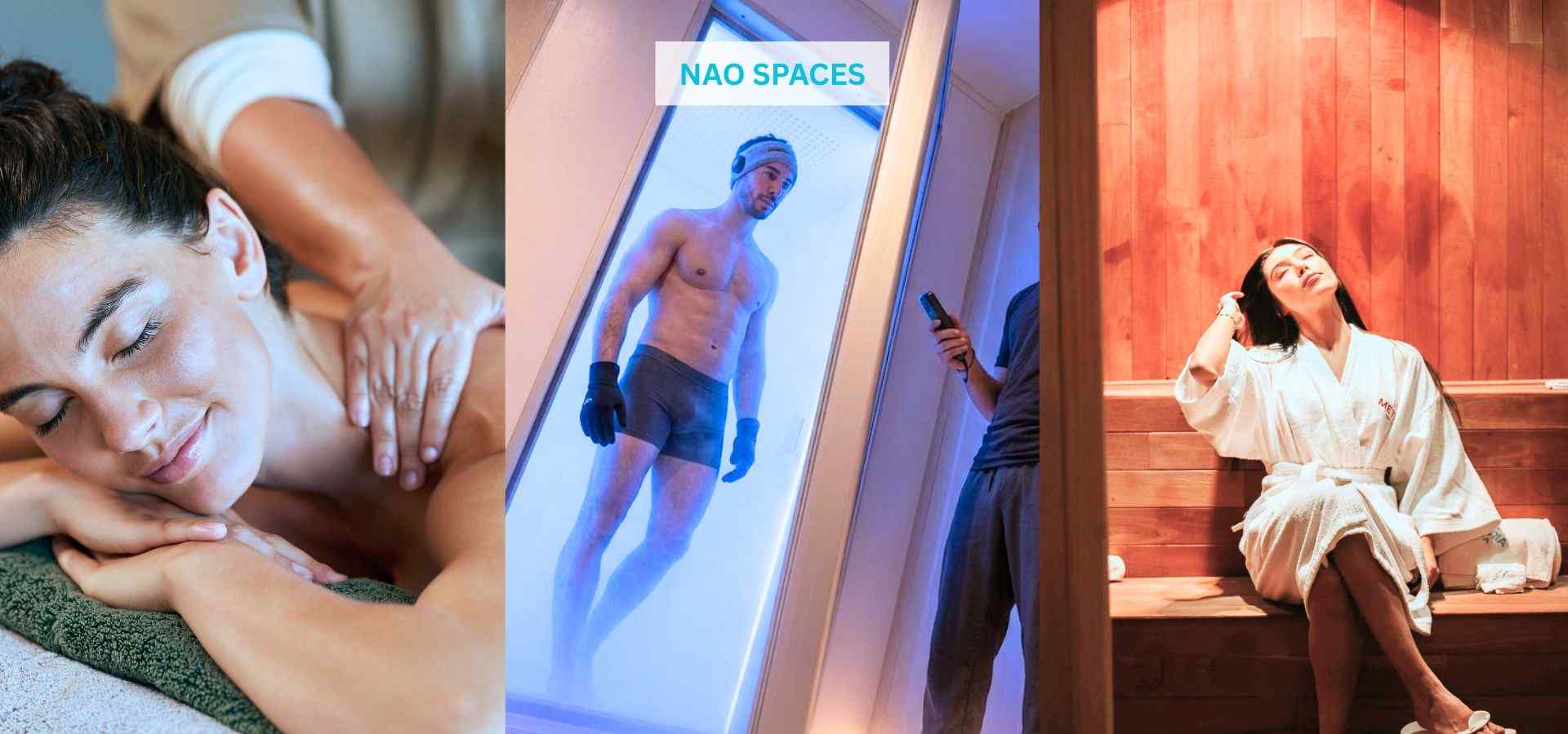 Collage of wellness and recovery therapies featuring massage treatment, cryotherapy, and sauna relaxation at a modern health spa.