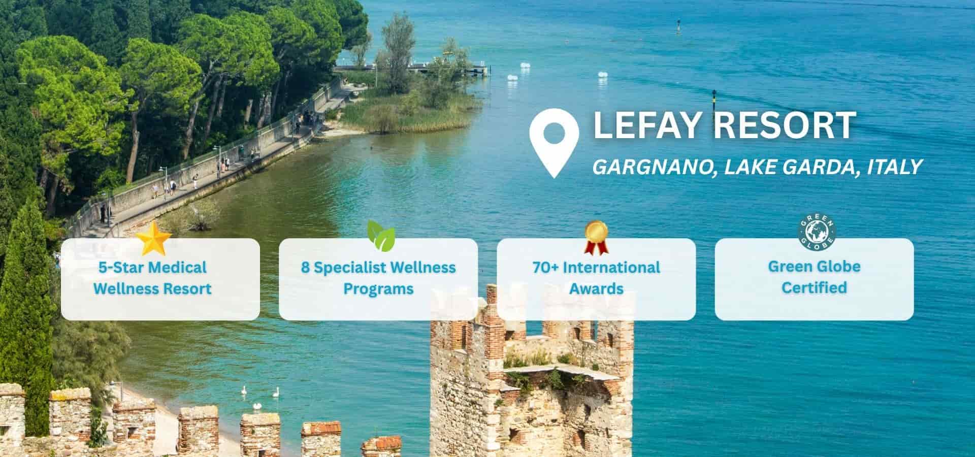 Aerial view of Lefay Resort in Gargnano, Lake Garda, Italy, showing a lakeside wellness resort surrounded by trees and blue water, with highlights about wellness programs, awards, and eco certification.