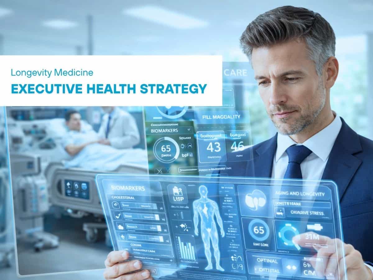 Business professional reviewing digital health data and biomarkers on a virtual screen in a hospital setting, representing executive health strategy and longevity medicine.
