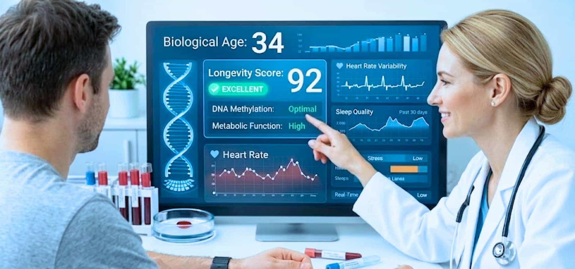 Doctor explaining biological age results on a digital screen showing longevity score, DNA methylation, heart rate, and health data to a patient during a consultation.