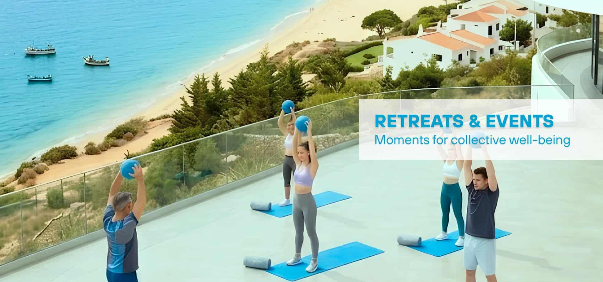 Group fitness session with medicine balls on a seaside terrace at a wellness retreat, overlooking beach and ocean