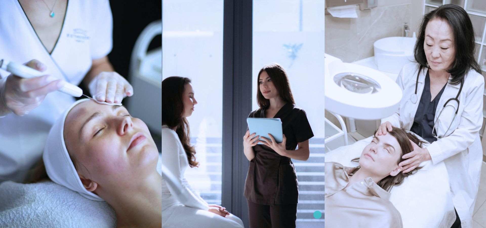 Collage mit einer Gesichtsverjüngungsbehandlung, einer individuellen Patientenberatung und einer ärztlichen Untersuchung im Bereich der regenerativen Medizin in einer modernen Ästhetikklinik.