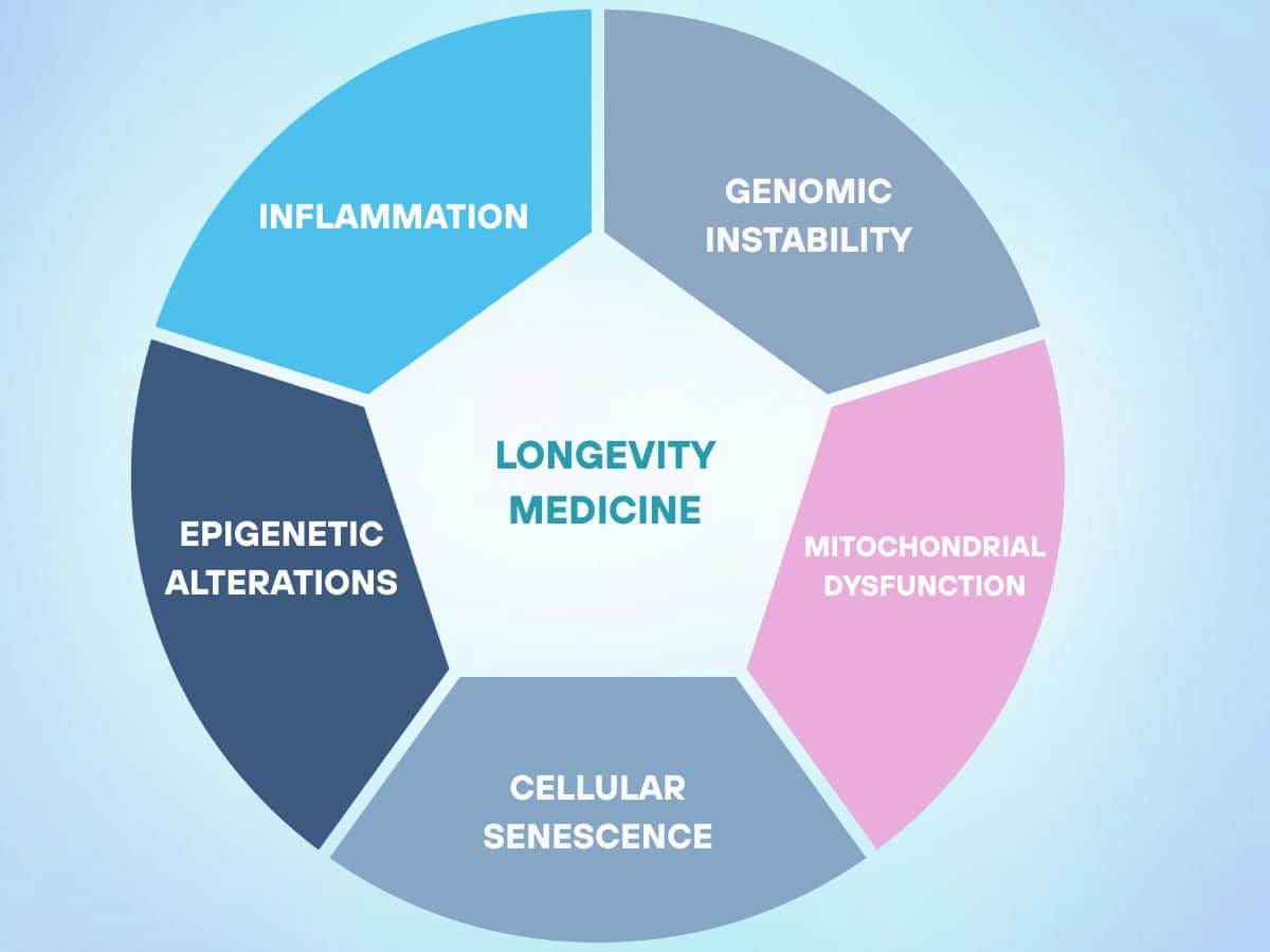 Circular infographic explaining longevity medicine with key aging factors including genomic instability, mitochondrial dysfunction, cellular senescence, epigenetic alterations, and inflammation.