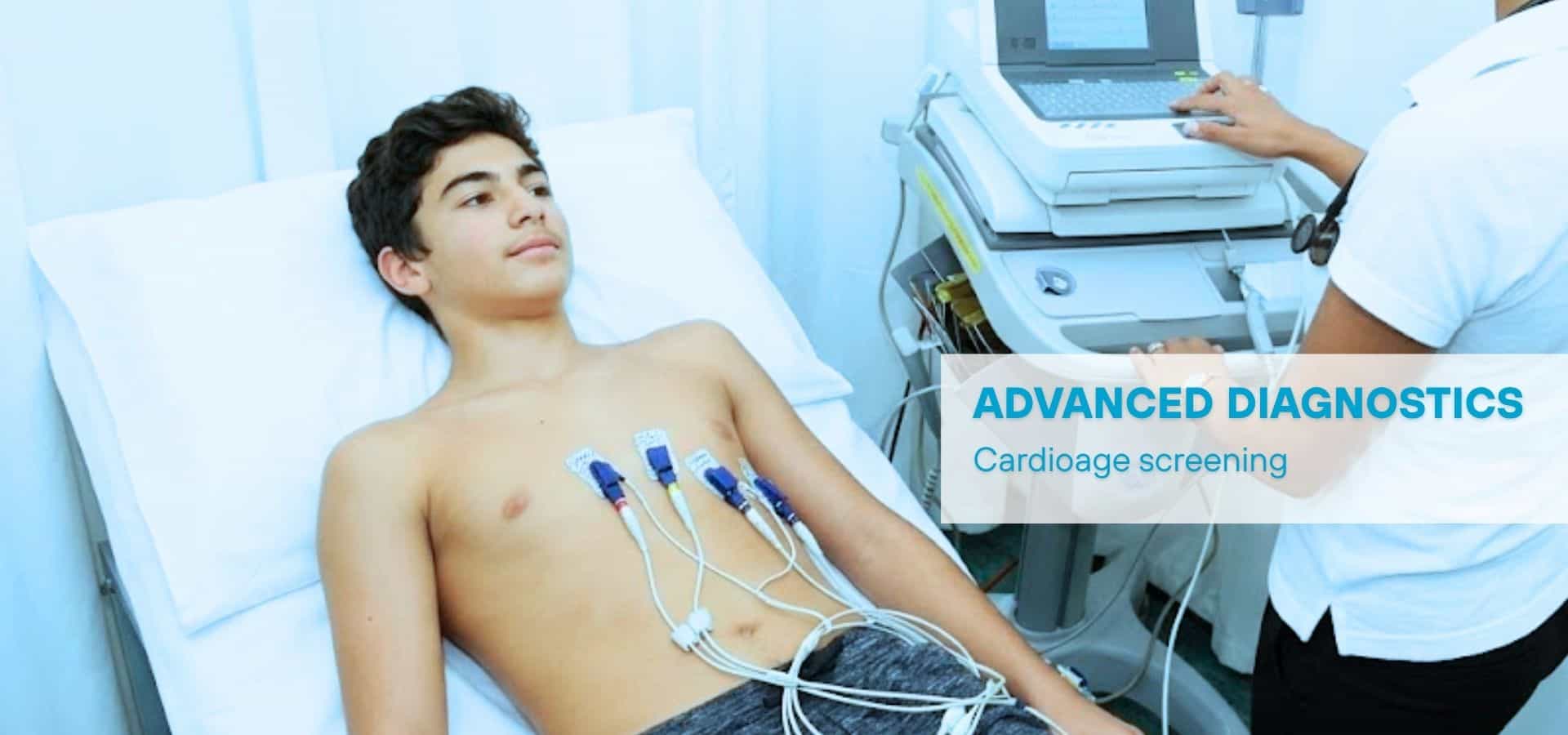 A young patient lying on a medical bed undergoing cardio-age screening with ECG electrodes attached to the chest, while a healthcare professional operates diagnostic equipment.