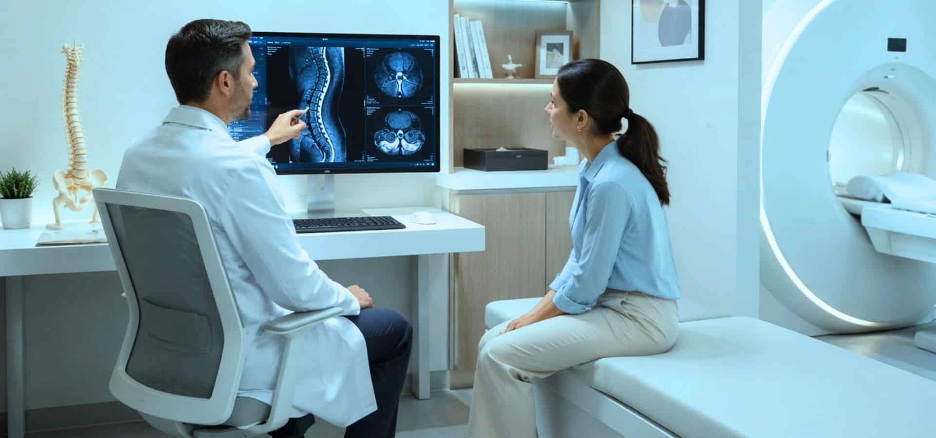 Doctor explaining spine MRI results to a patient on a computer screen in a modern clinic, with an MRI scanner visible nearby