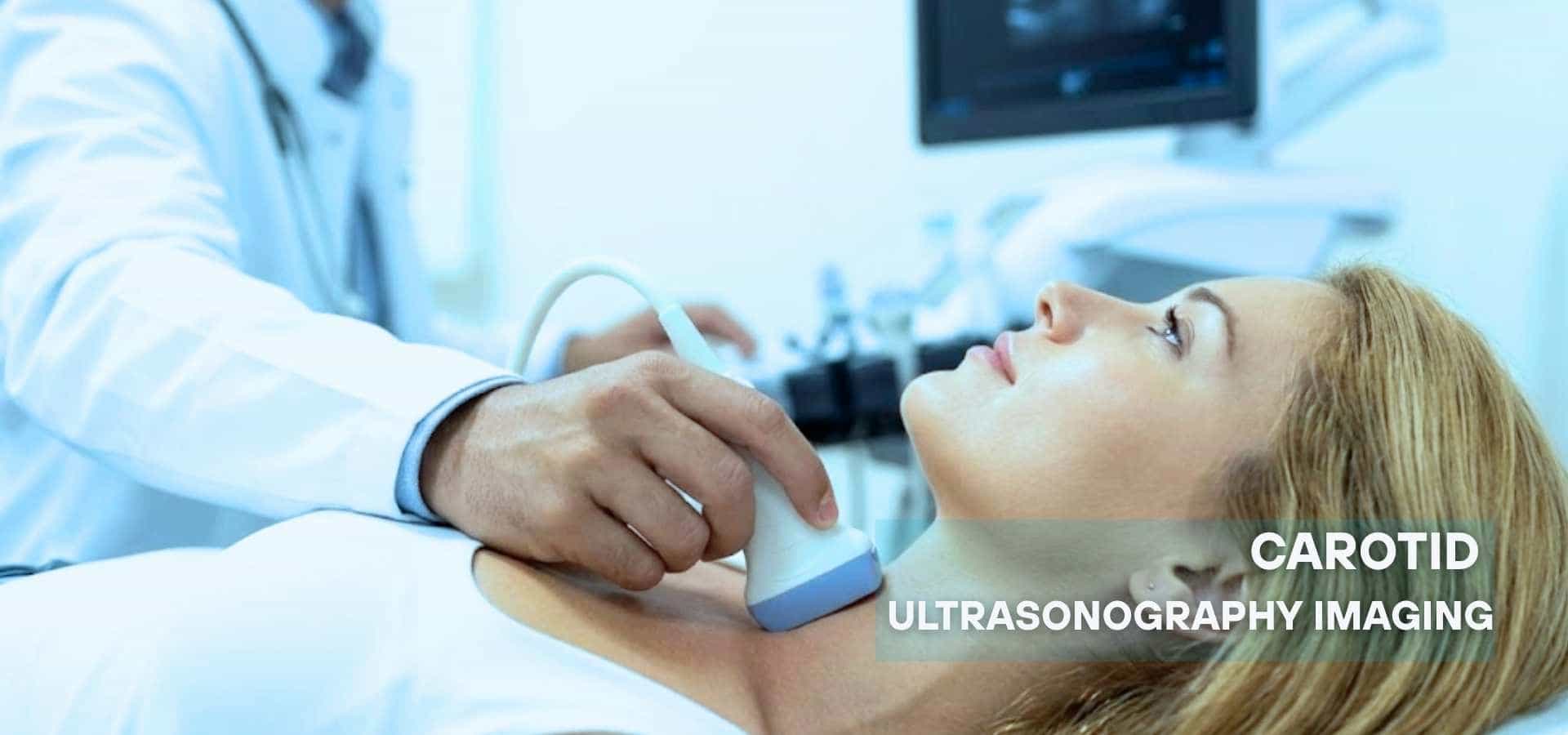 Doctor performing carotid ultrasonography imaging on a patient’s neck to assess blood flow and detect cardiovascular risk.