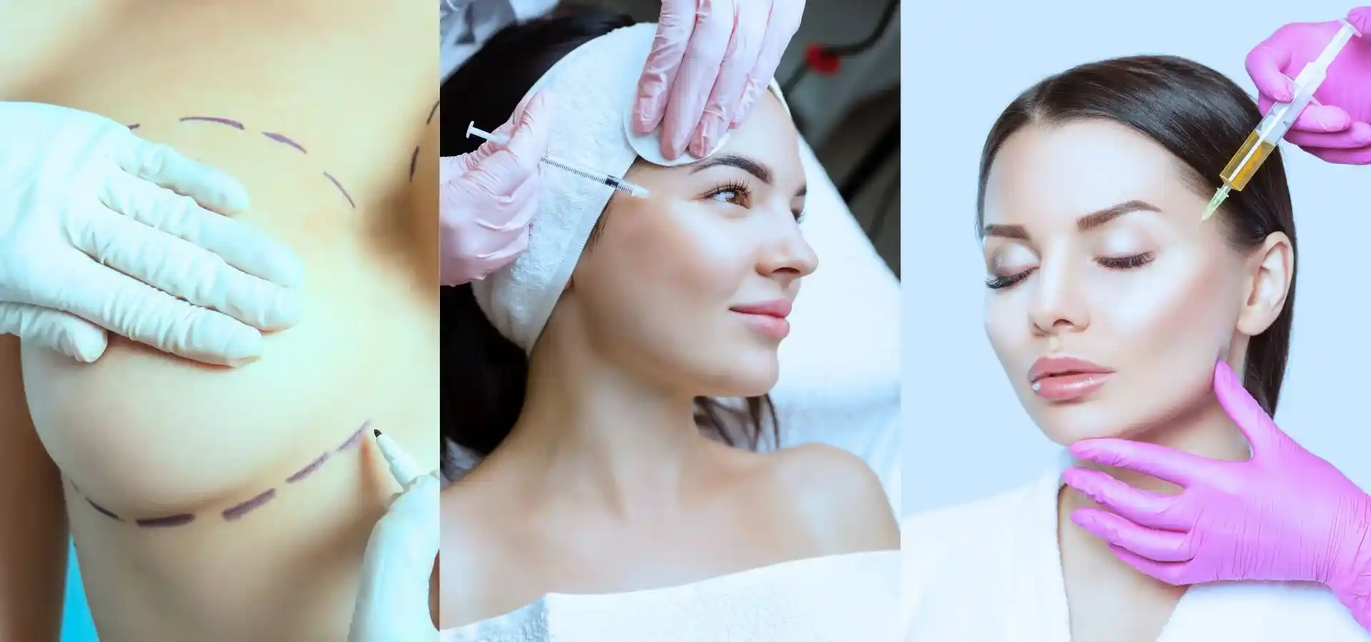 Three-panel collage of cosmetic procedures featuring breast augmentation with surgical markings, facial injectable treatment, and non-surgical facial rejuvenation using aesthetic injections.