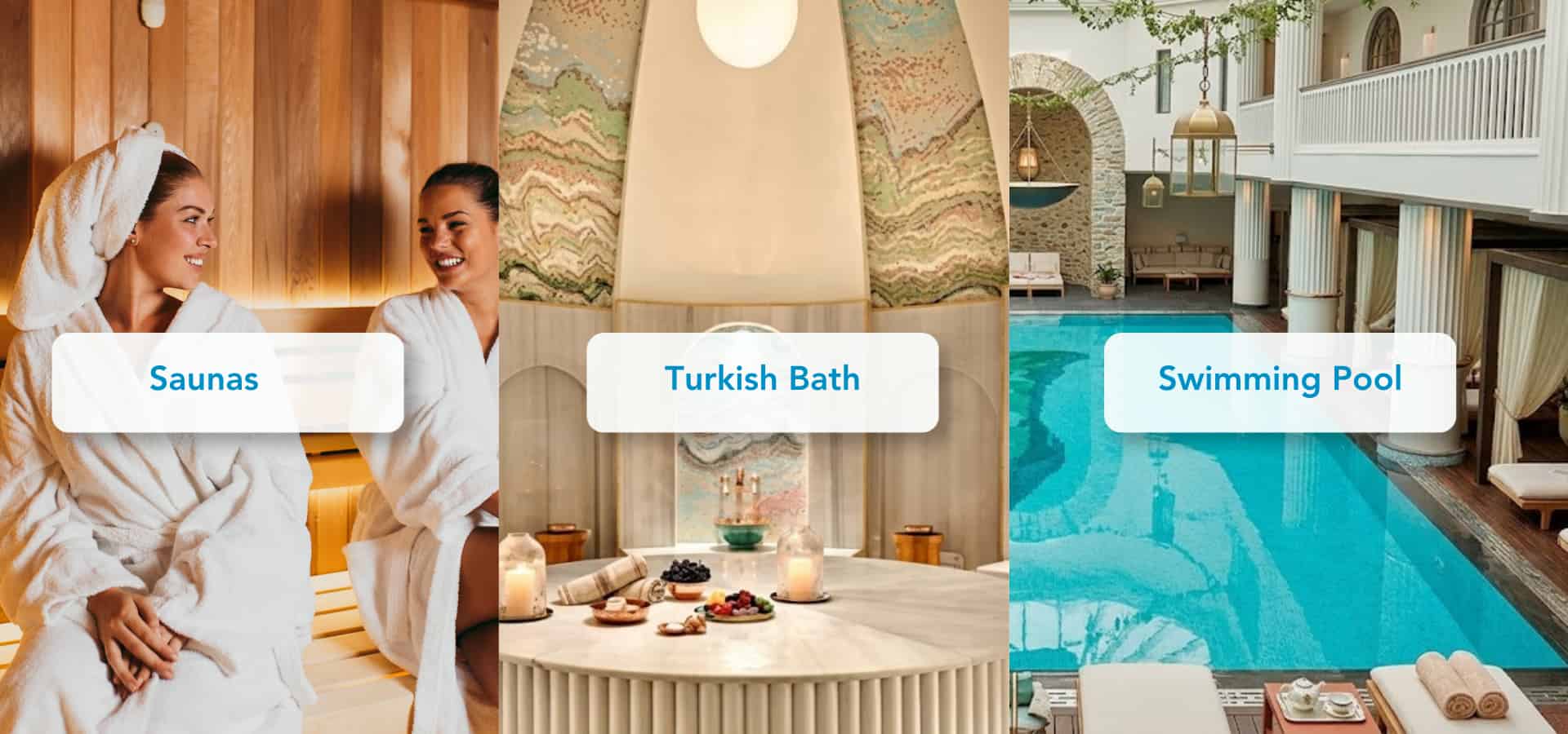 Wellness facilities featuring saunas, a Turkish bath, and an indoor swimming pool in a luxury spa setting.