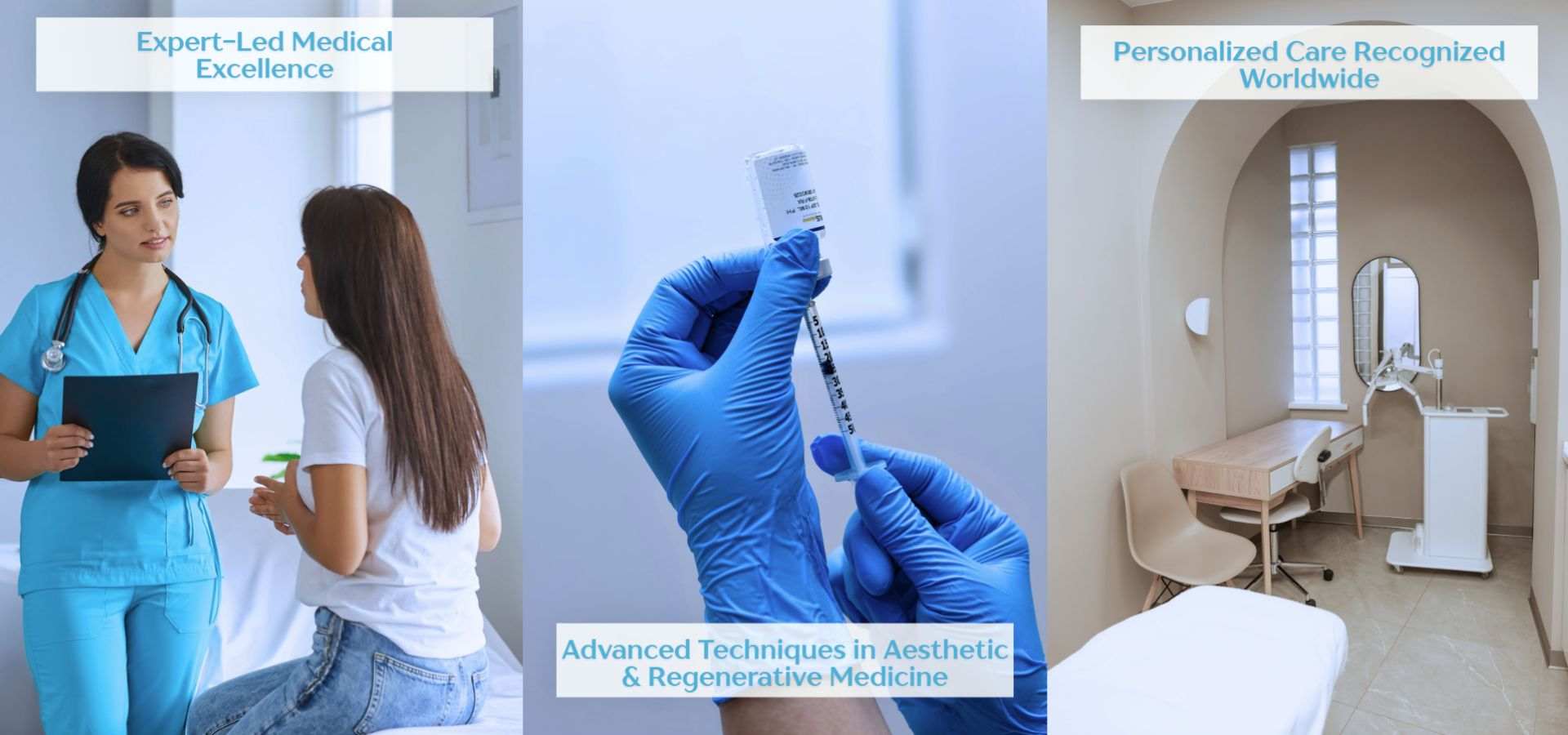 Collage mit ärztlich geleiteter medizinischer Versorgung, fortschrittlichen Techniken der ästhetischen und regenerativen Medizin sowie einer modernen Klinik mit weltweit anerkannter, personalisierter Behandlung.