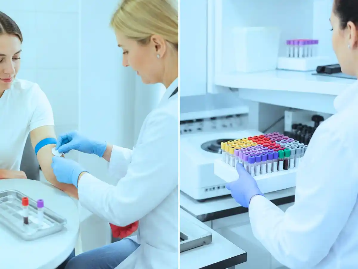 Healthcare professionals drawing and processing blood samples in a laboratory.