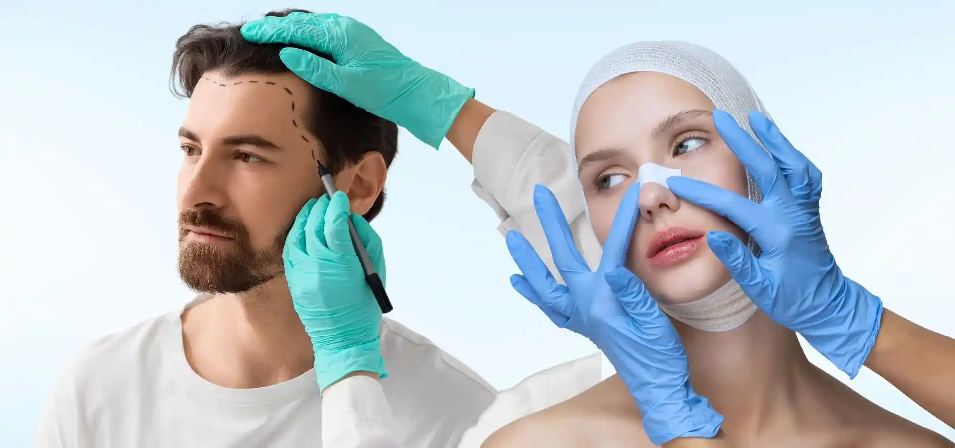 A collage showing two patients undergoing cosmetic procedures: a man having facial markings drawn for plastic surgery and a woman with bandages on her head and nose being examined by a professional wearing blue gloves.