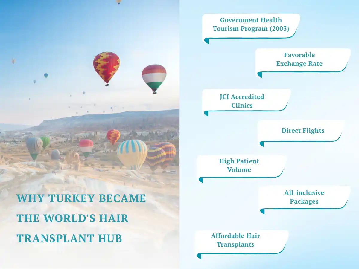 Infographic explaining why Turkey became the world's hair transplant hub, highlighting affordable treatments, accredited clinics, direct flights, and all-inclusive packages.