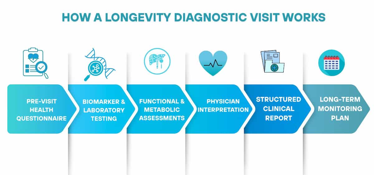 Infographic showing how a longevity diagnostic visit works, with six steps: pre-visit health questionnaire, biomarker and laboratory testing, functional and metabolic assessments, physician interpretation, structured clinical report, and a long-term monitoring plan.