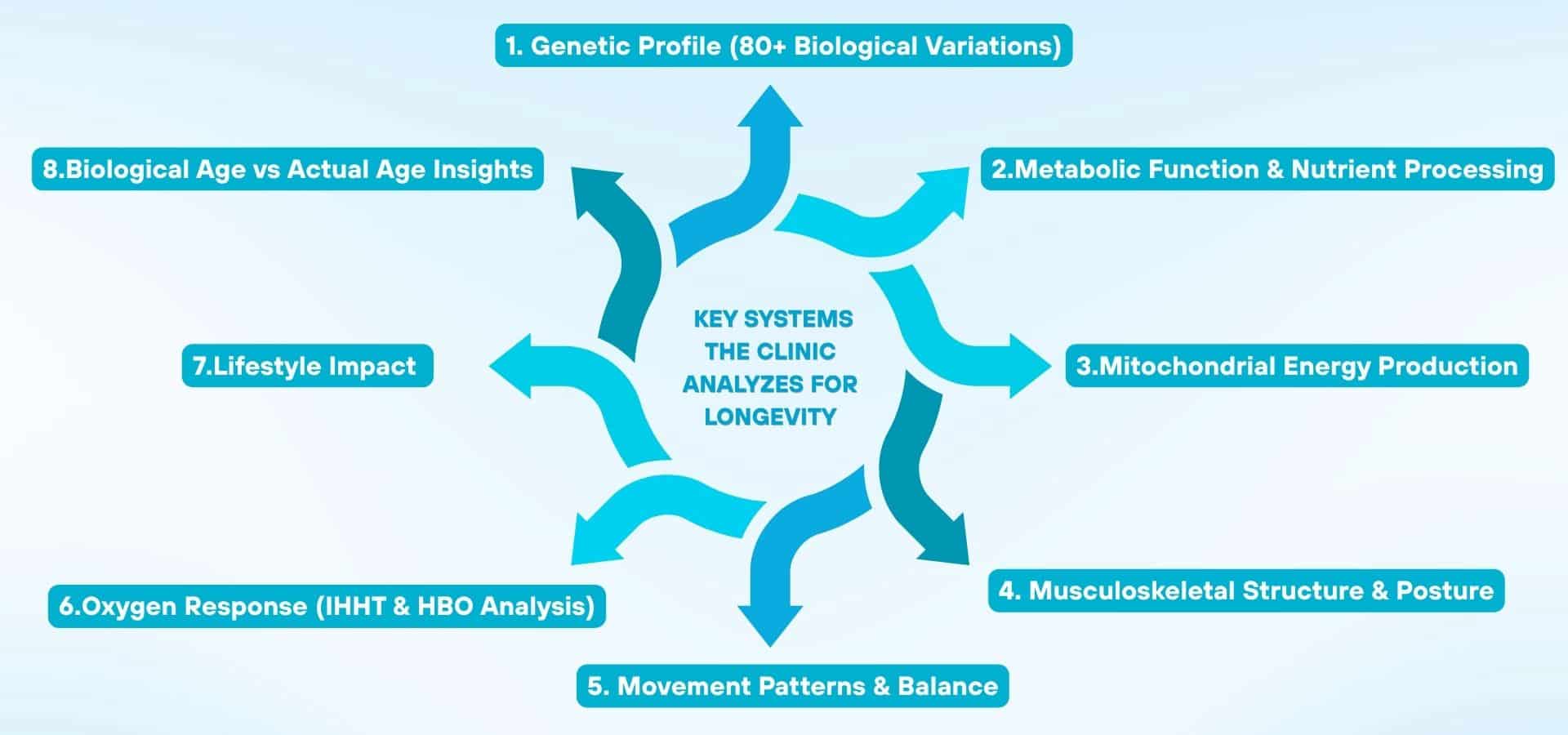 Infographic showing key systems analyzed for longevity, including genetic profile, metabolic function, mitochondrial energy, musculoskeletal structure, movement patterns, oxygen response, lifestyle impact, and biological vs actual age insights