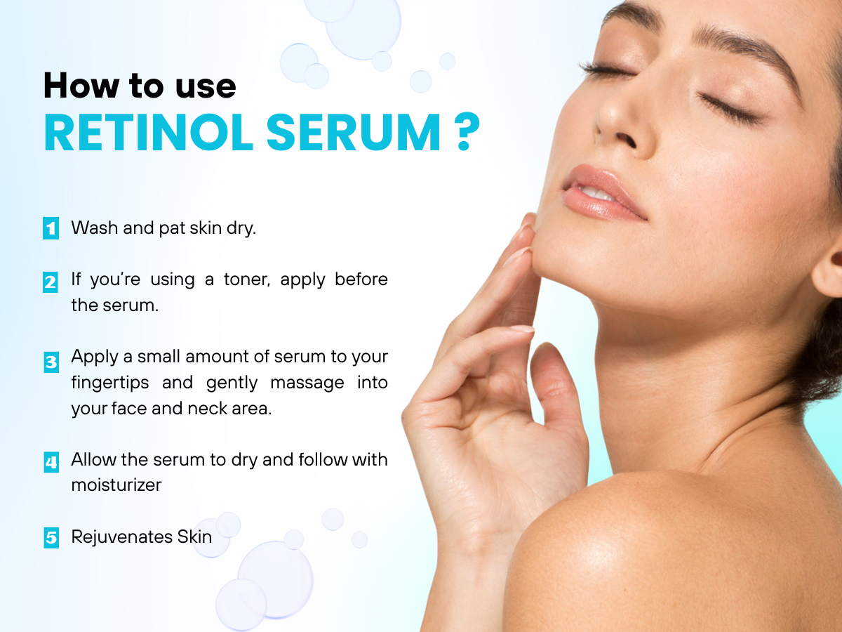 Infografik mit dem Titel „Anwendung von Retinol-Serum“ mit Schritt-für-Schritt-Anleitungen zur Anwendung von Retinol, daneben eine Nahaufnahme einer Frau mit geschlossenen Augen, die ihr Gesicht berührt; illustriert wird die korrekte Hautpflege für ein glattes, verjüngtes Hautbild.