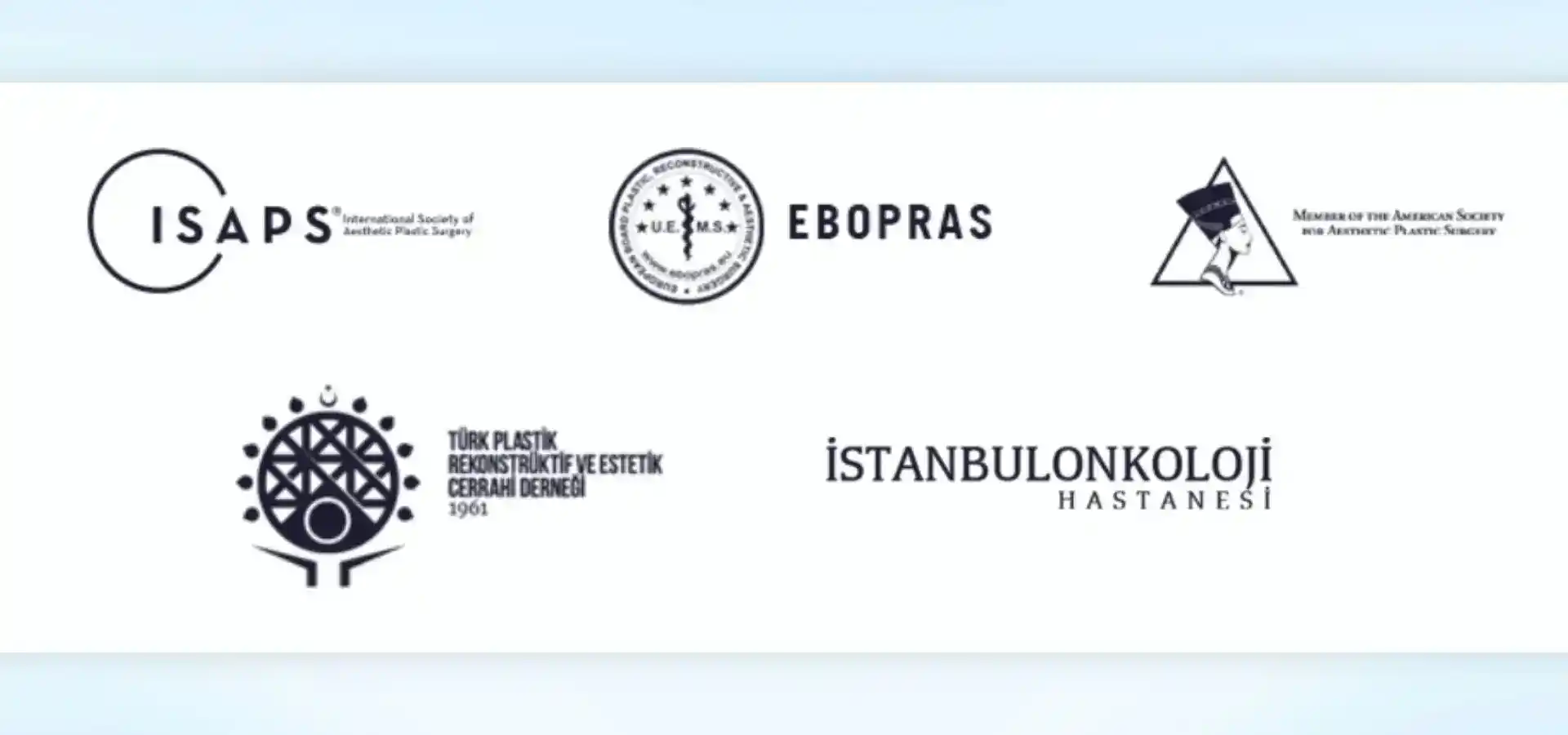 Logos of international plastic surgery associations, medical boards, and healthcare institutions displayed as professional accreditation credentials.