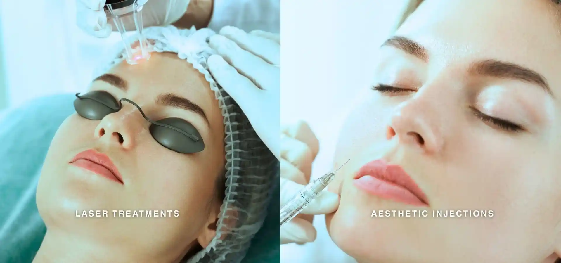 Split-screen aesthetic treatment image showing a laser skin procedure on the forehead and a facial injectable treatment, highlighting common non-surgical cosmetic treatments for skin rejuvenation and facial enhancement.